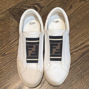 Fendi White and Black Logo Slip-On Shoes